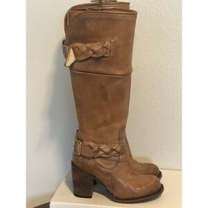 FREEBIRD Steven Braxton Boots Camel Brown Leather Heels Braid Buckle size 5